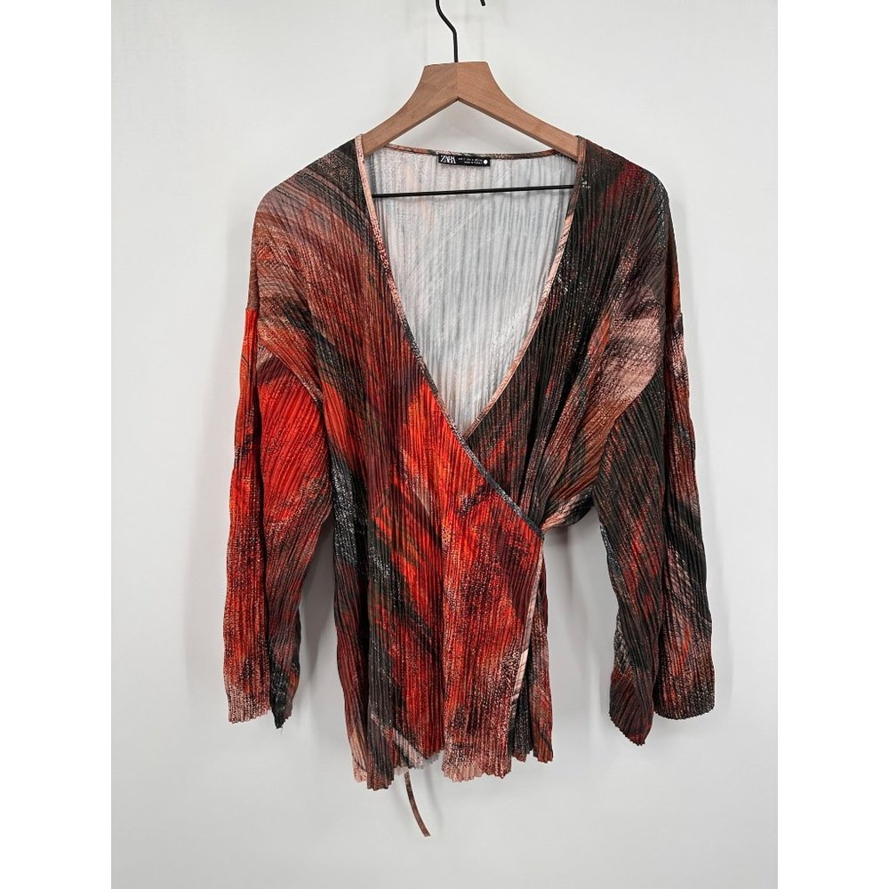 Zara Pleated Wrap Kimono Top Women Small Orange Red Printed